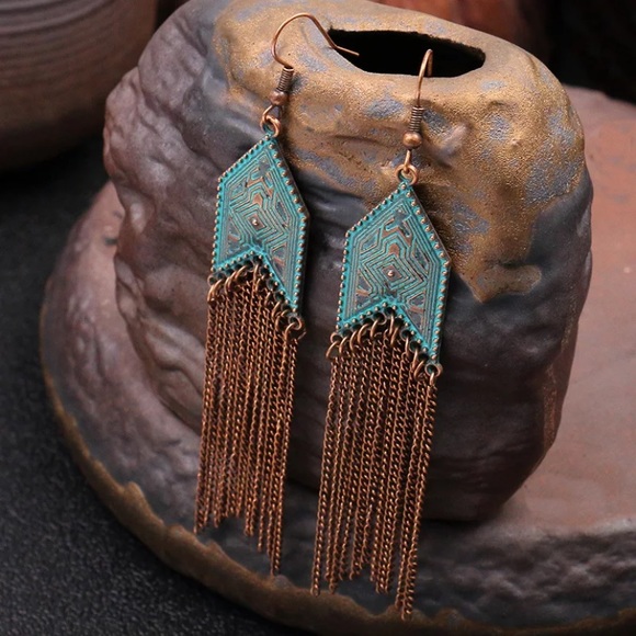 Turquoise Western Boho Chain Fringe Earrings - Picture 3 of 6